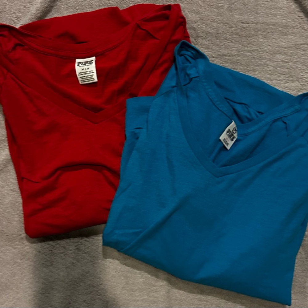 PINK Victorias Secret Red and Blue V-Neck Long Sleeve T-Shirts. Bundle.